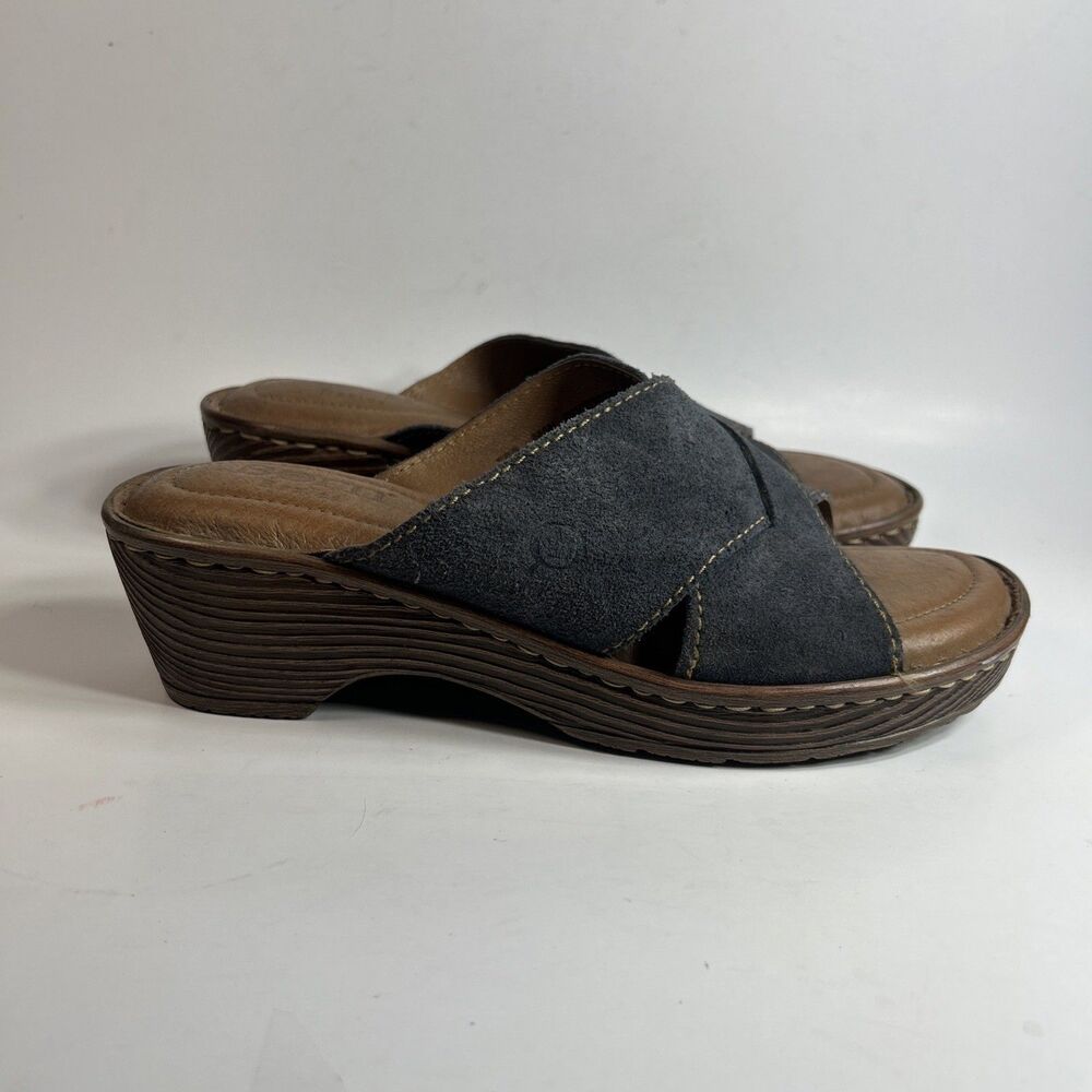 Born Womens Sandals Size 7 Blue Suede Slip on Wedge Heel Criss Cross Shoes